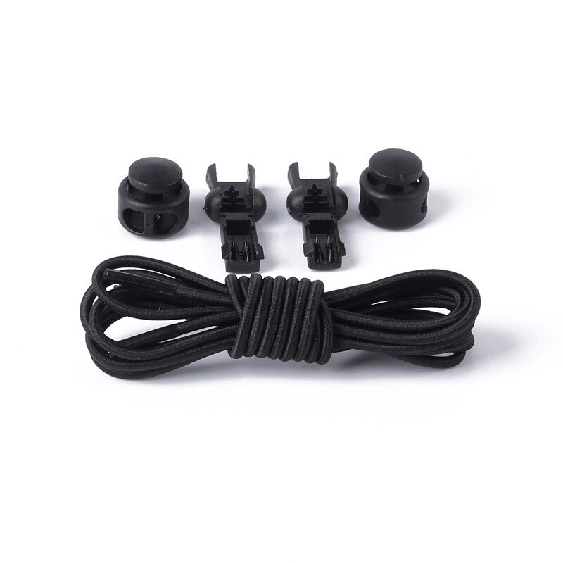 Black elastic laces for sports shoes with two spring buckles and tail clips, offering convenient no-tie fastening.